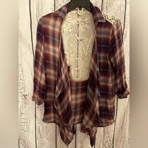 Dainty Cowgirl flannel and lace back cardigan by American Rag. EUC size XS.